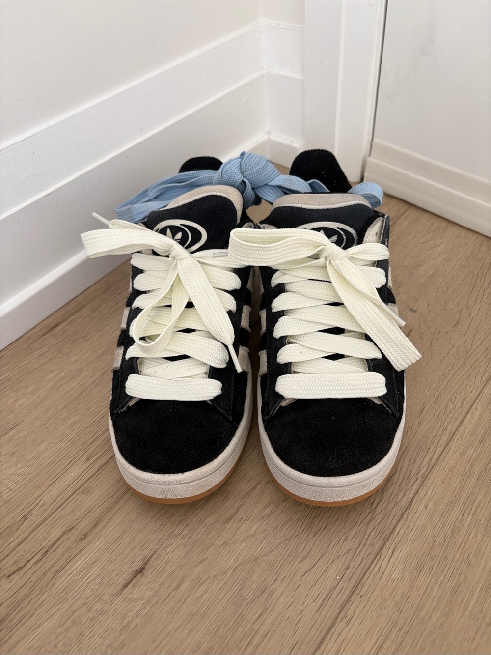 adidas Black Suede campus Sneakers with Cream and Blue Laces